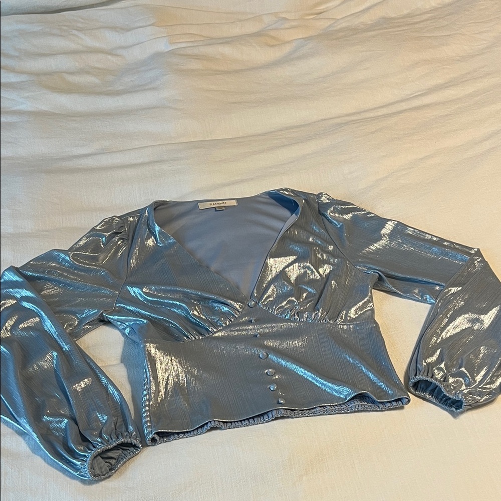 Anthropologie Flat White Metallic Blue Top with Balloon Sleeves
